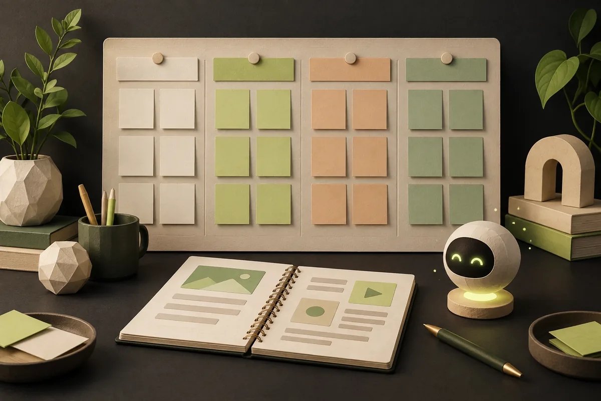 A monthly planning board with grouped content cards, a notebook and an AI assistant.
