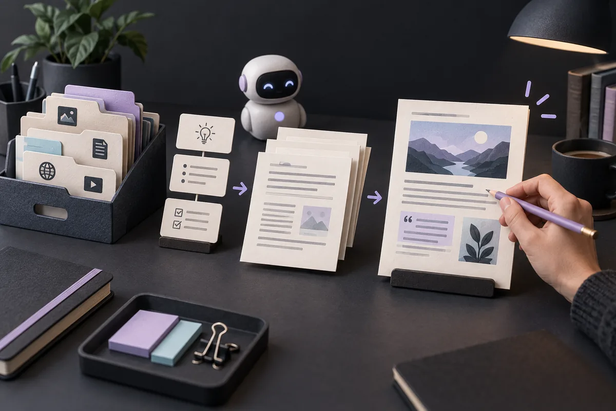 Source materials, an AI assistant and a human-reviewed content draft.