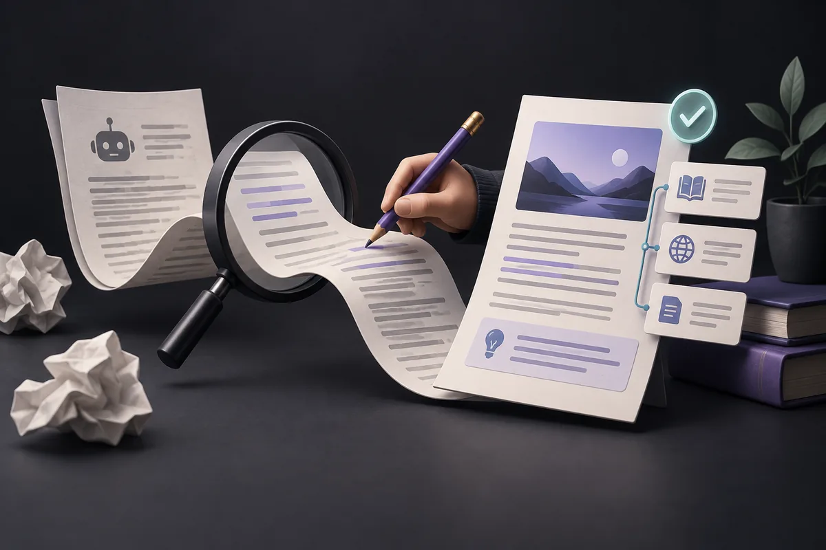 A person checking an AI-assisted draft with a magnifying glass and reference material.