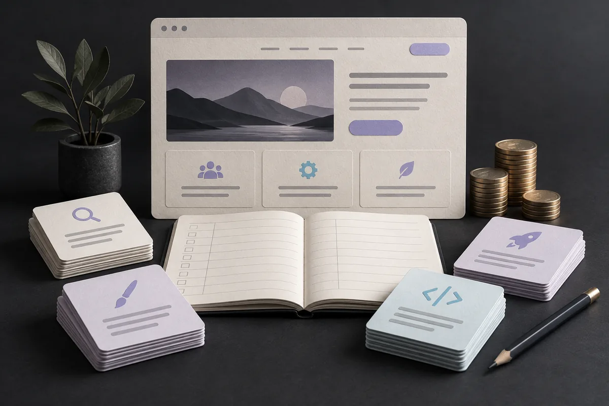 Business website prototype with scope cards, a planning ledger and coins representing a redesign budget.