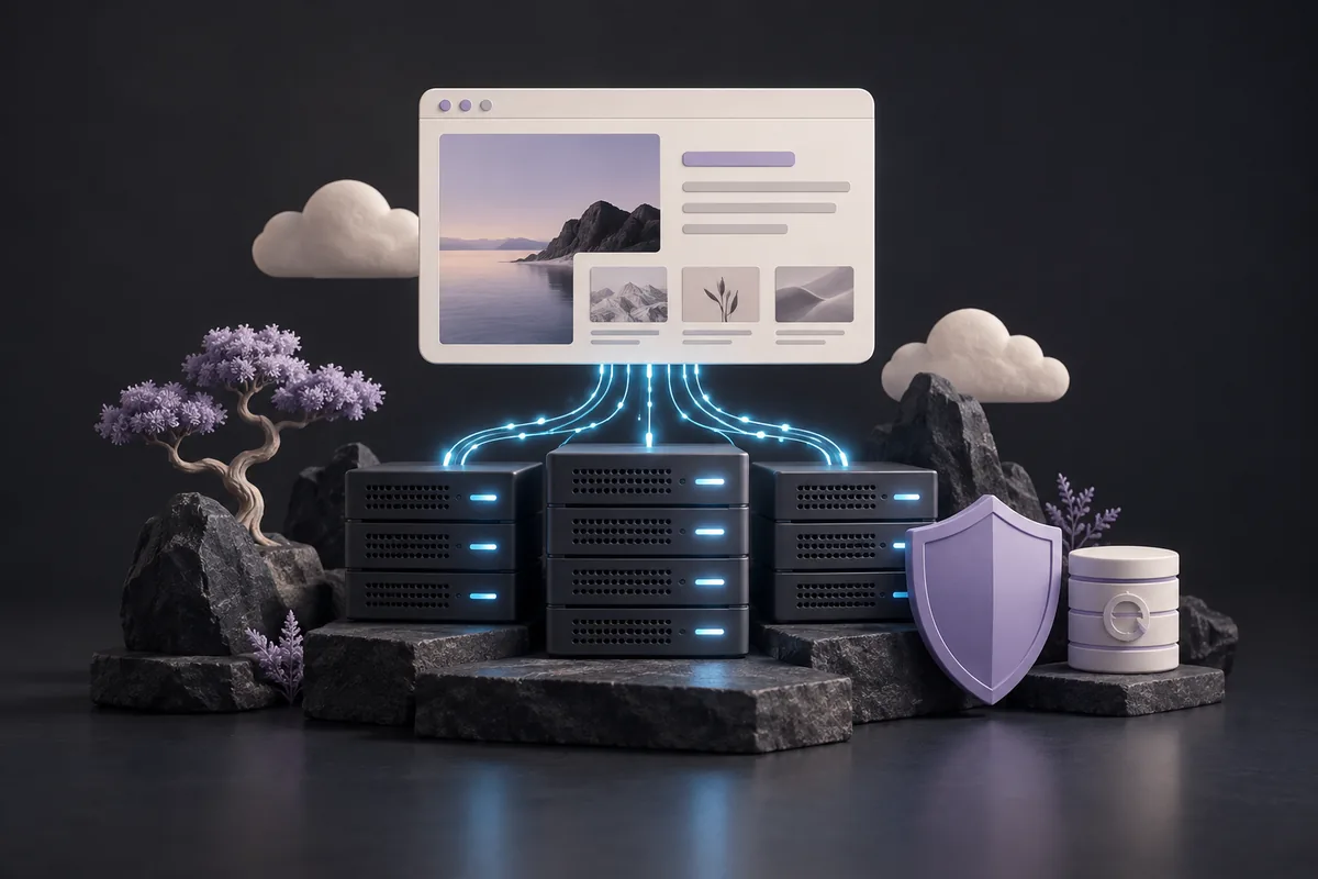 A website connected to server stacks with a shield and backup archive representing managed hosting.