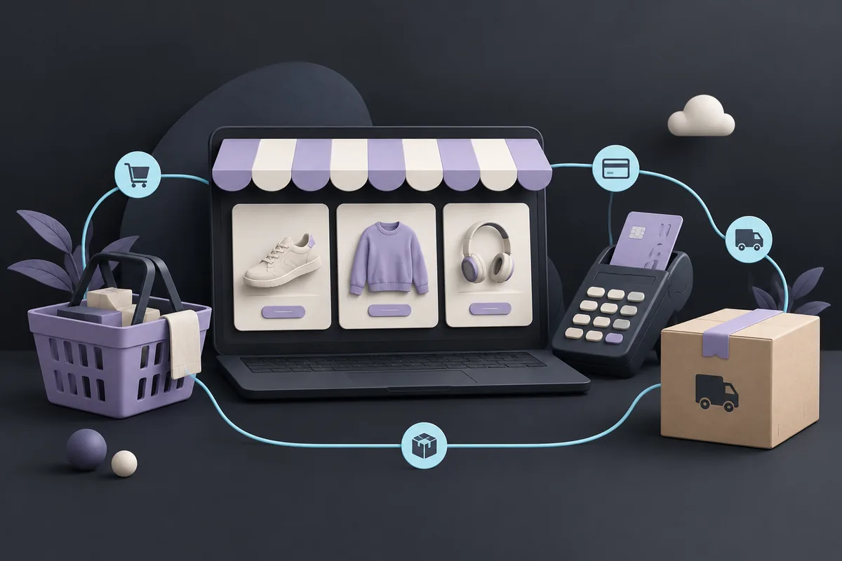 An online storefront connected with shopping, payment and fulfilment elements.