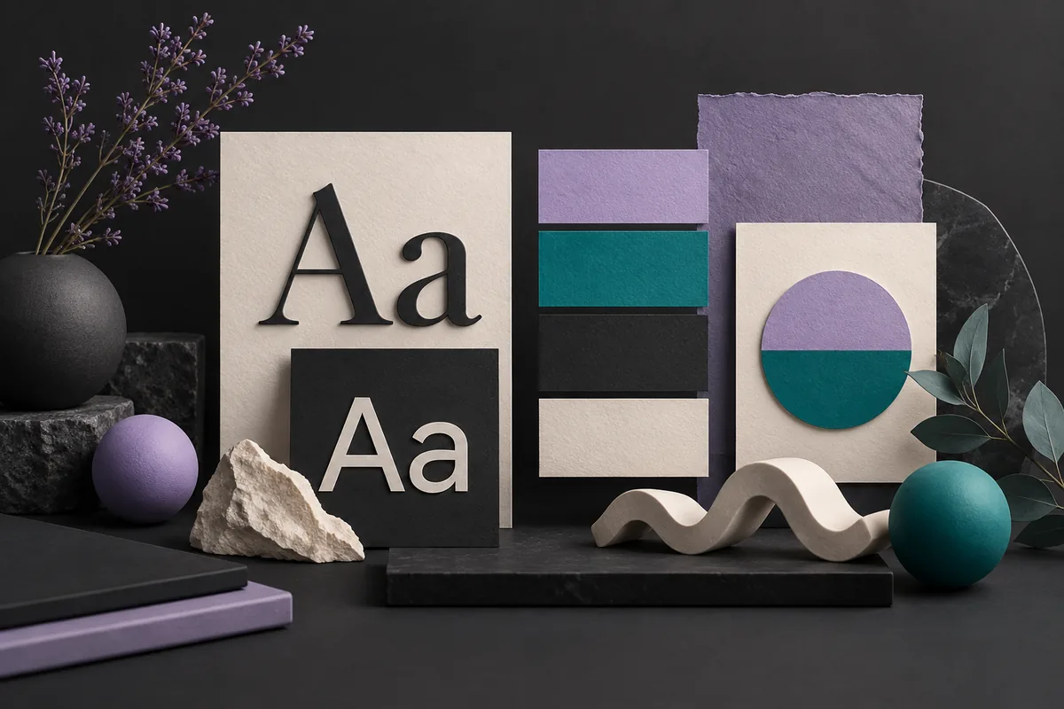 Contrasting type samples and coordinated color swatches for a brand identity.