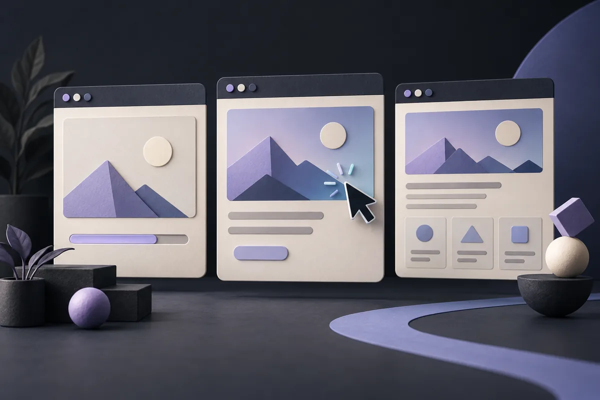 Three browser panels illustrating page loading, interaction and layout stability.
