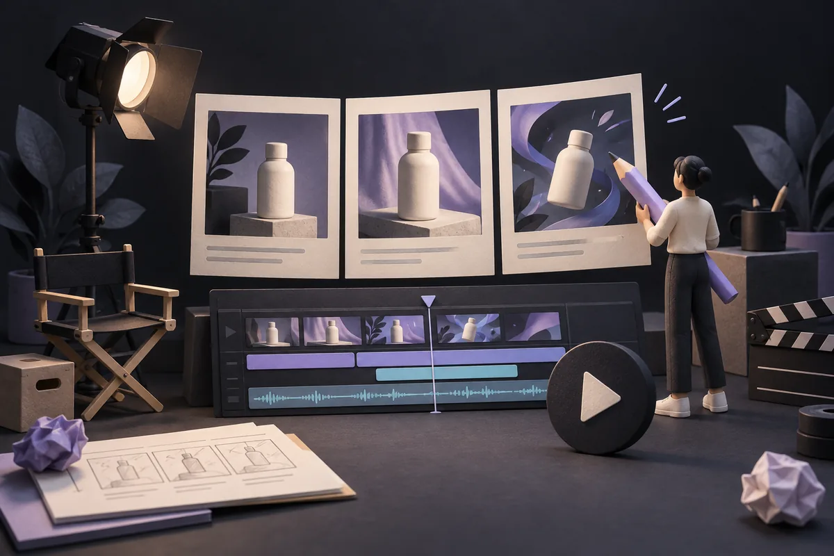 Storyboards and a video editing timeline with a product scene and studio lighting.