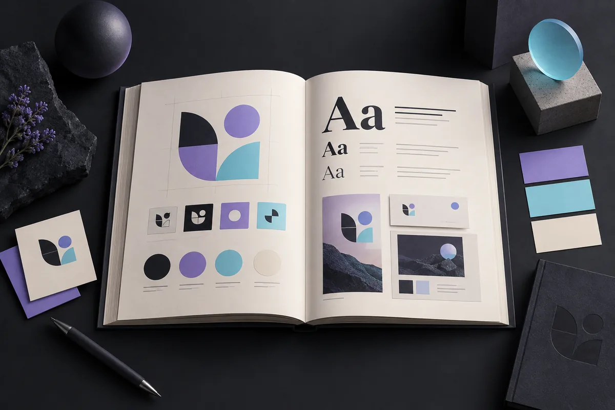 Open brand style guide showing logo, typography, colors and layout examples.