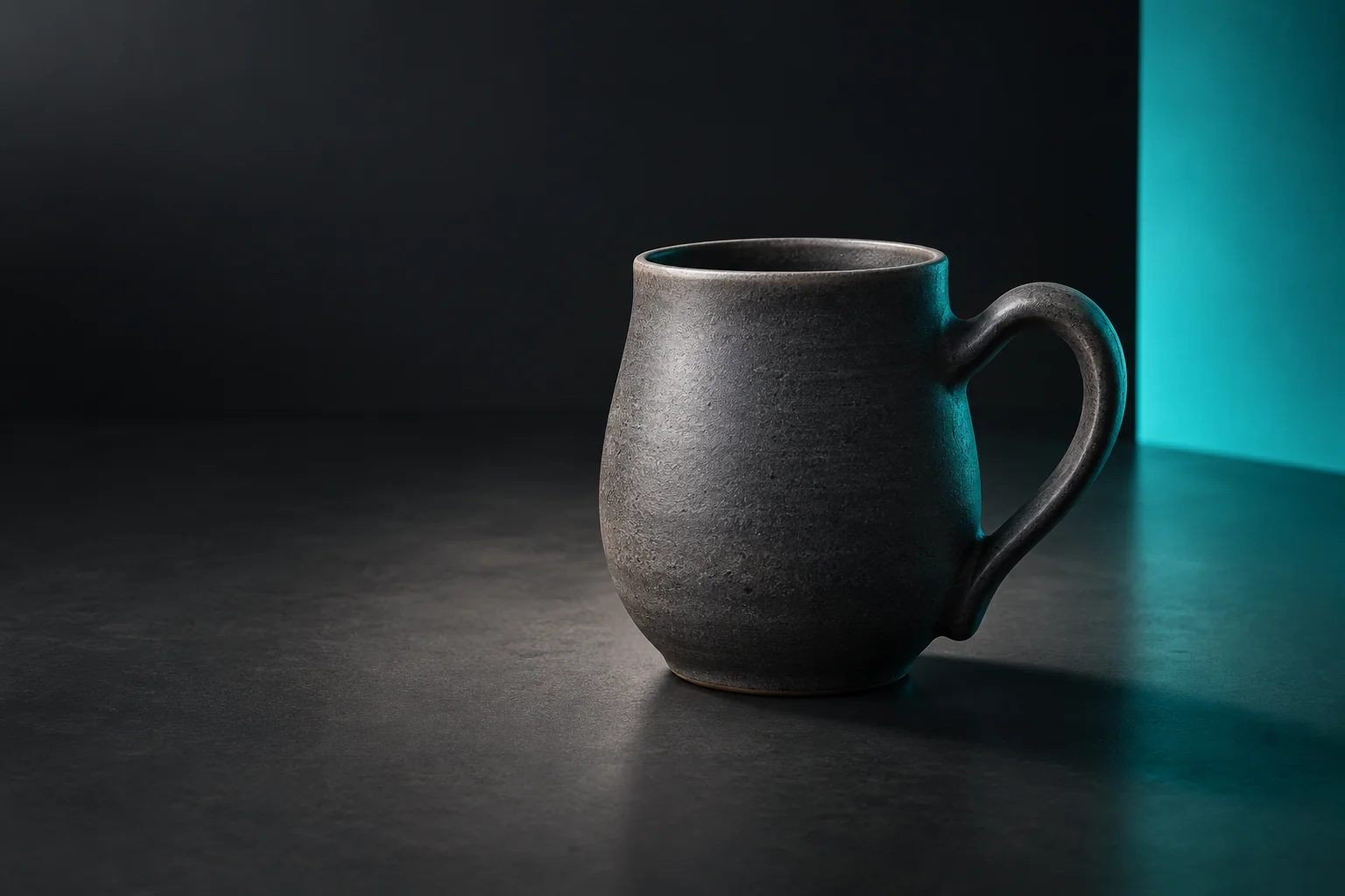 Imagined charcoal mug photographed against a dark background with a cyan accent light.