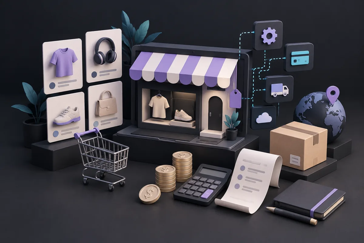 Online shop, product catalogue, payment tools and coins representing ecommerce costs.
