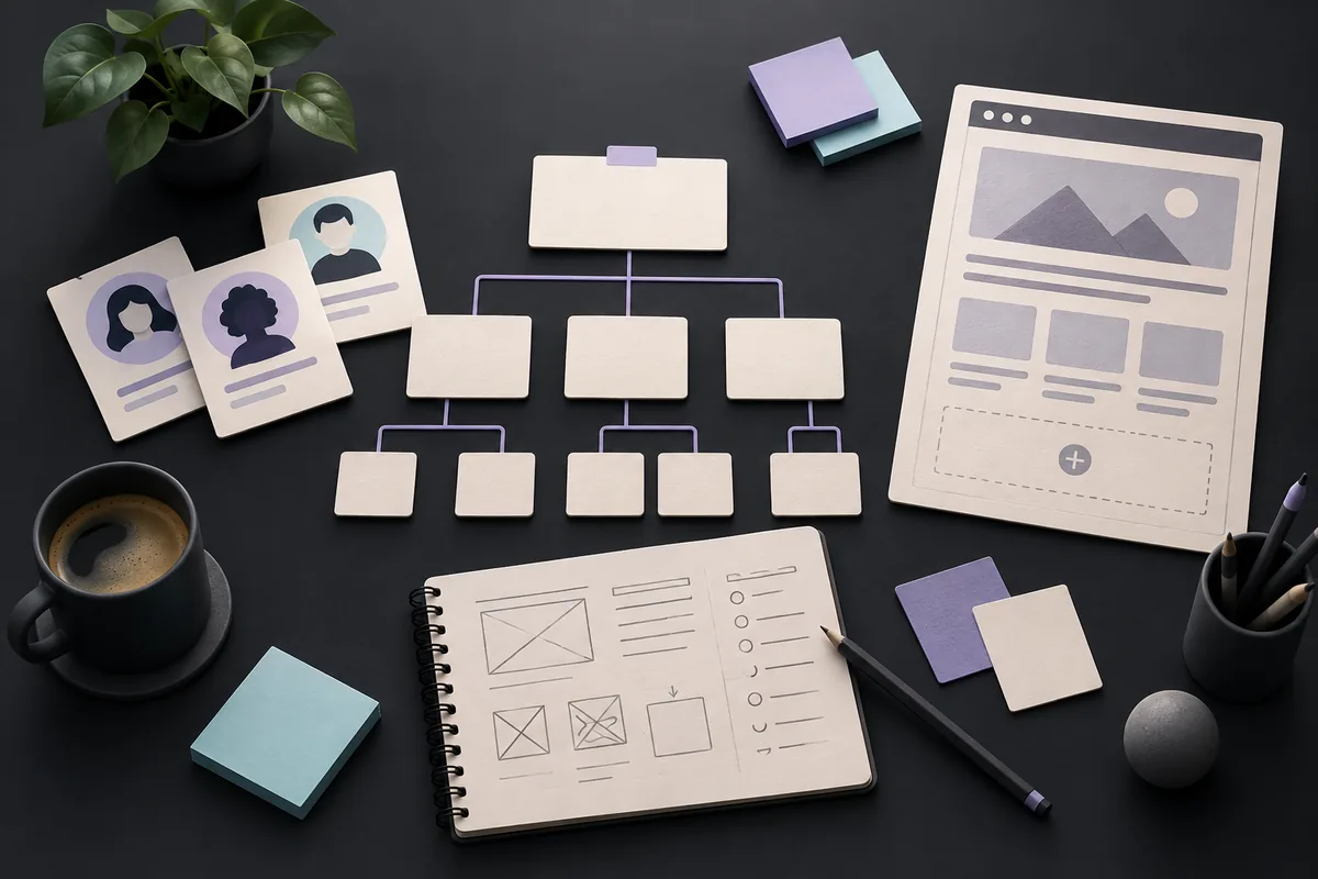Audience research, page planning cards and a website prototype arranged on a desk.