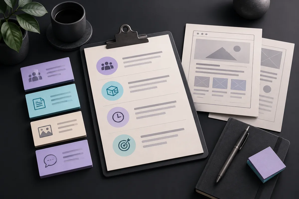 Website brief with planning notes and a supporting page wireframe.