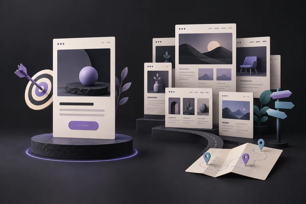 A focused campaign page beside a broader collection of business website pages.