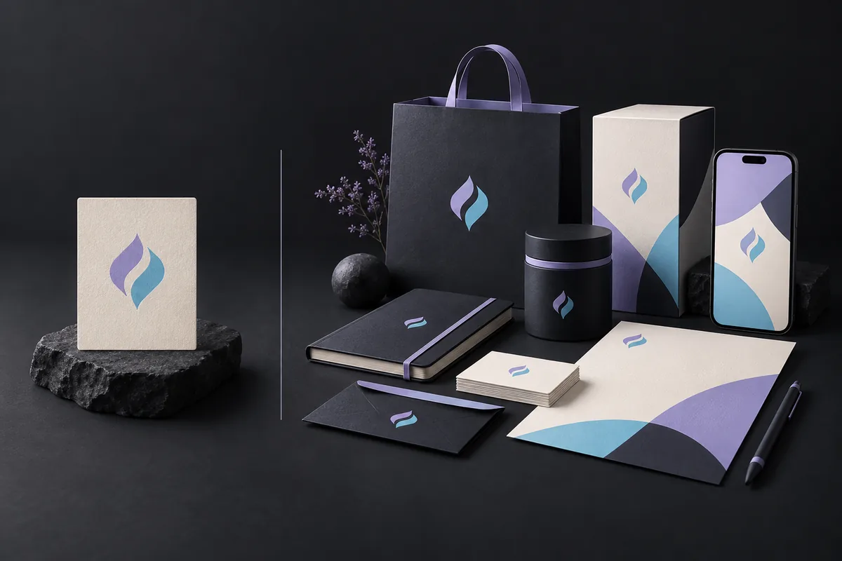 A standalone logo beside coordinated packaging, stationery and digital applications.