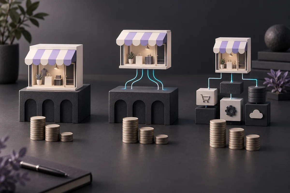 Three storefront models with integrated, detached and modular foundations, alongside coins representing ownership costs.