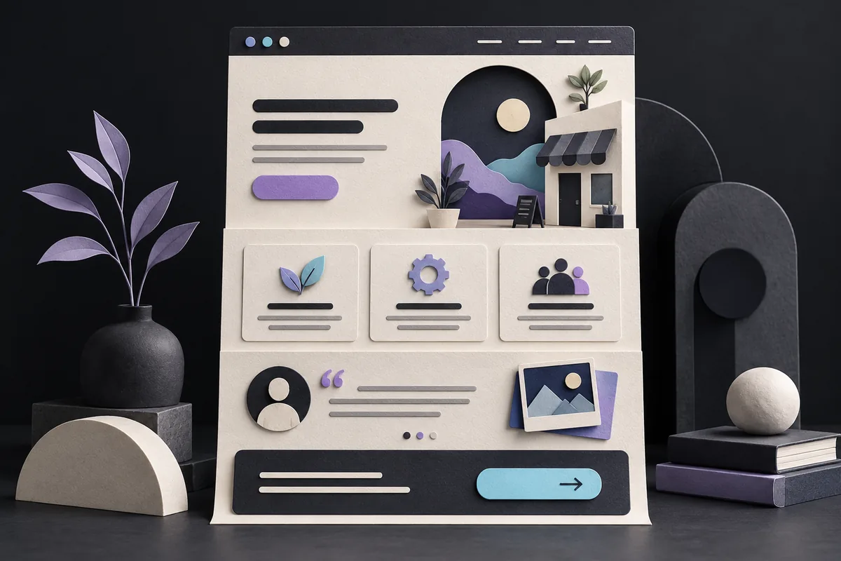 Homepage layout with an opening message, service sections and a clear next step.