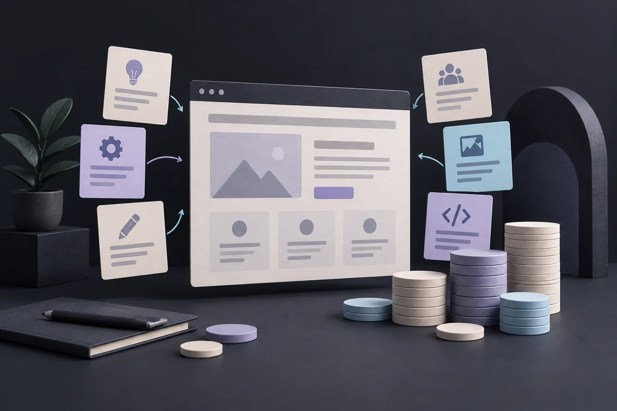 Website project components and stacked coins representing scope and budget.