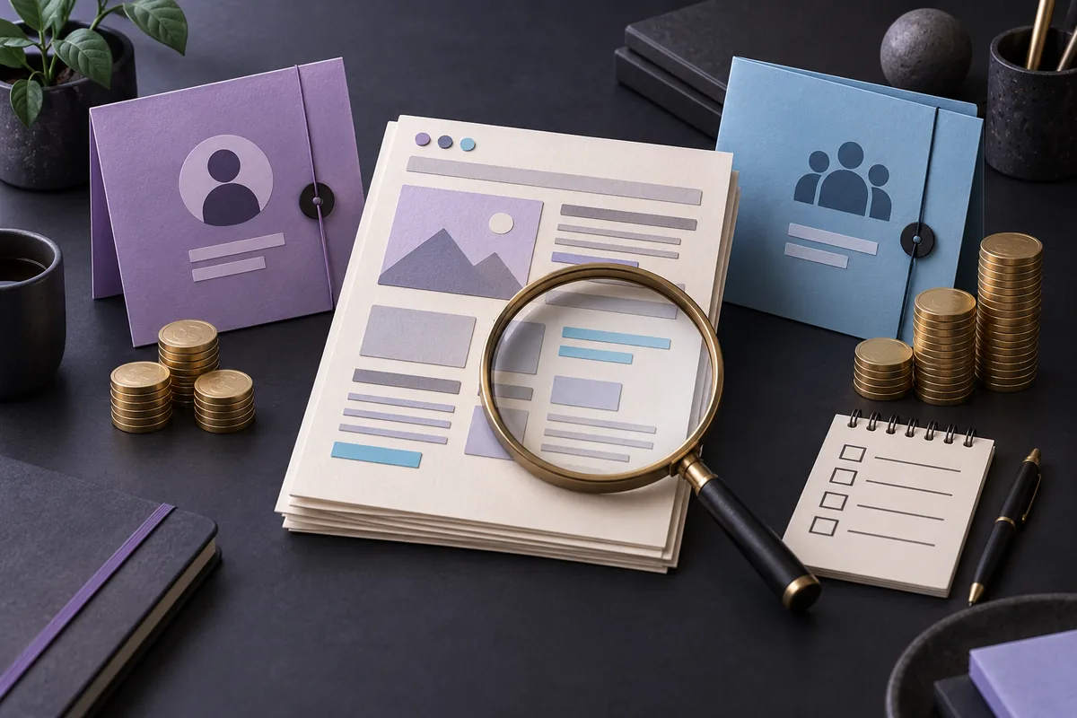 A magnifying glass over website audit documents beside two proposal folders and coins representing professional audit fees.