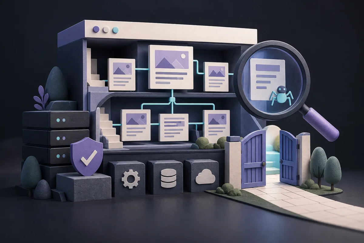 Website pages, server components and a magnifying glass representing a technical SEO review.