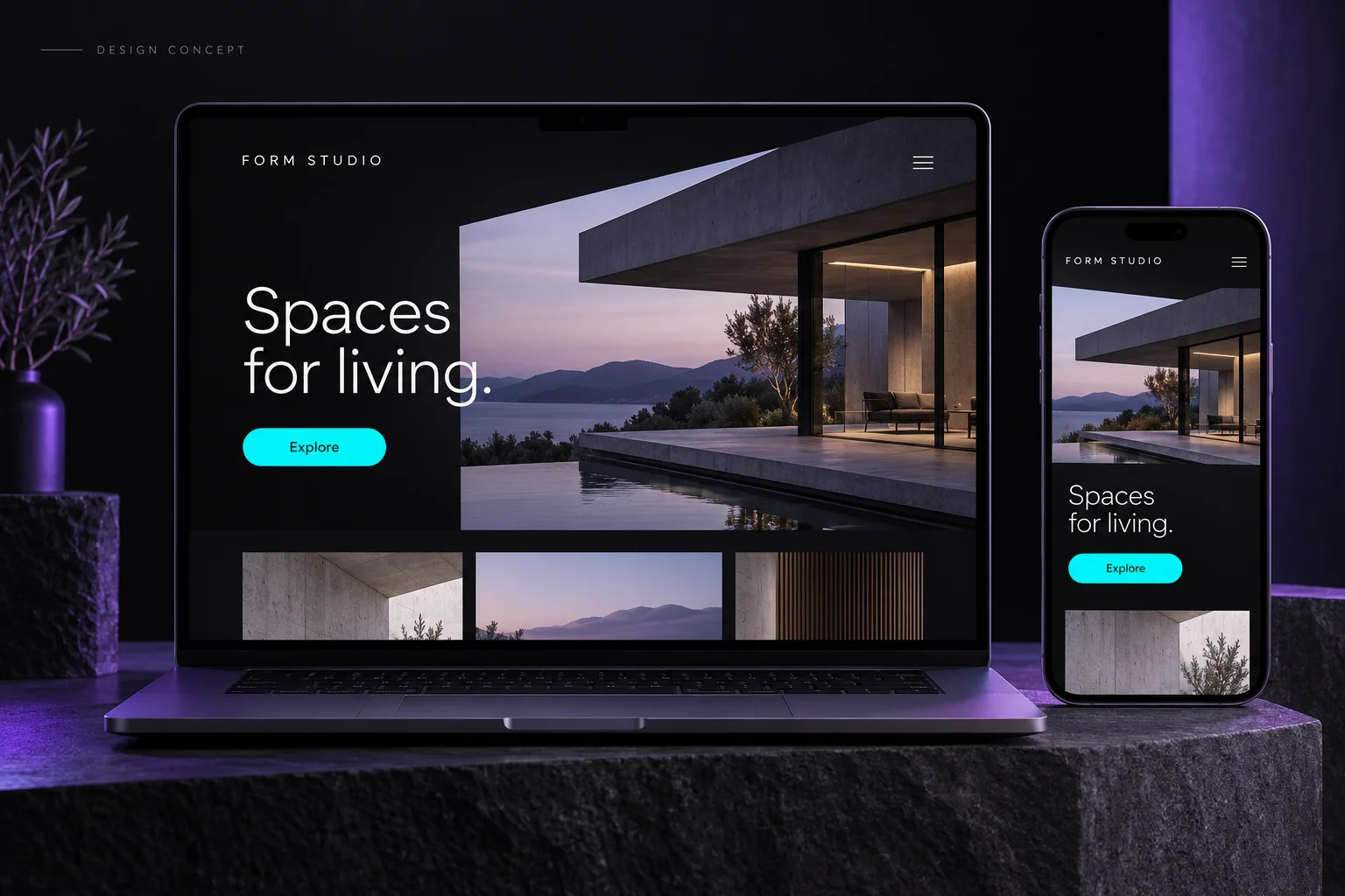Concept website shown on a laptop and phone, with a large heading, architecture imagery and a cyan action button.
