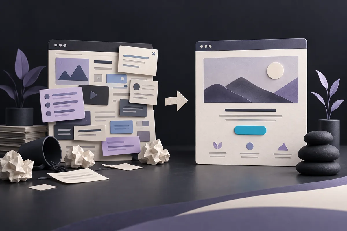 Cluttered website panels simplified into a clear layout with one prominent action.