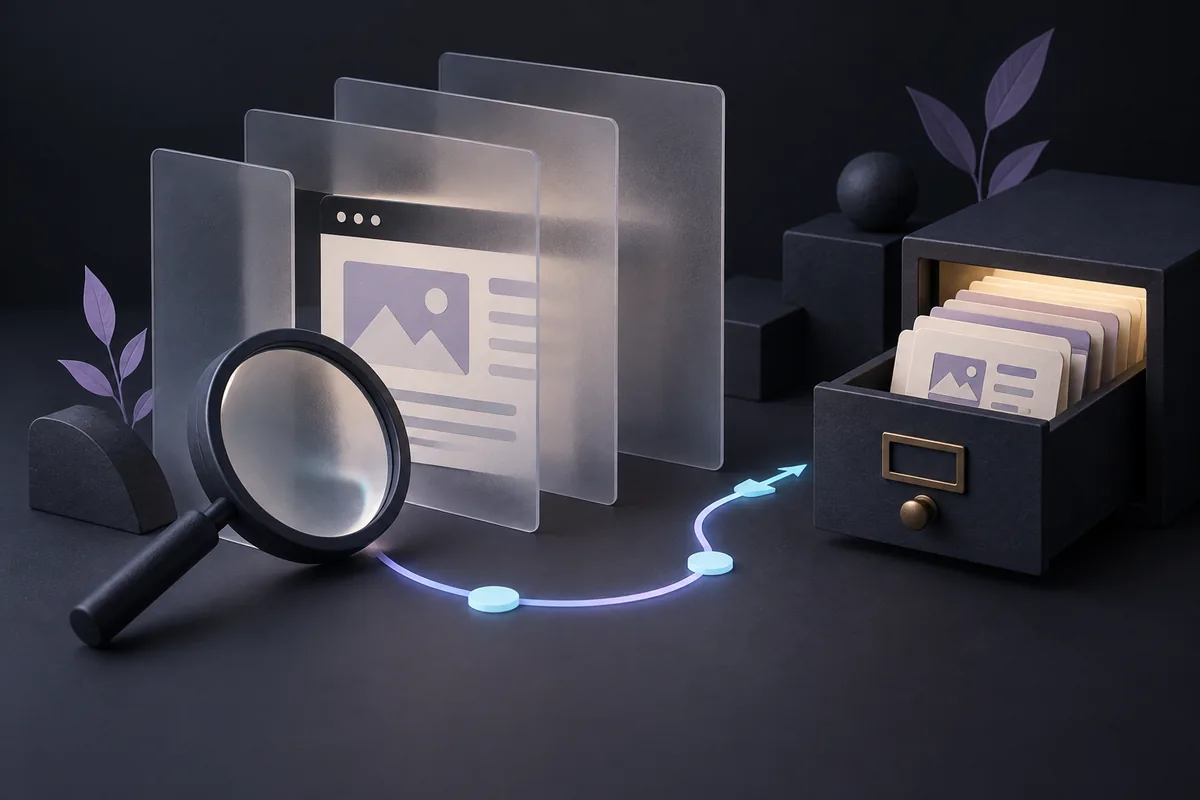 Magnifying glass following a discovery path past obscured website pages.