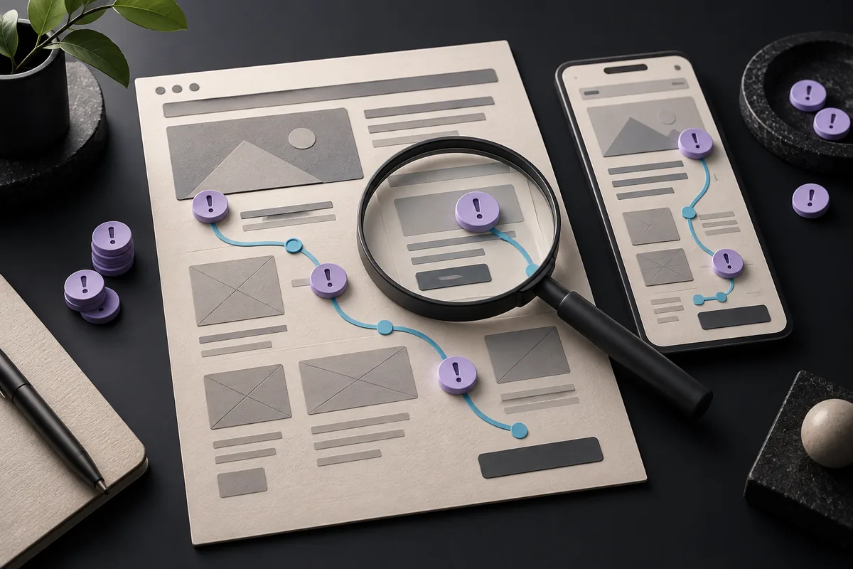 Magnifying glass reviewing desktop and mobile website layouts for usability issues.