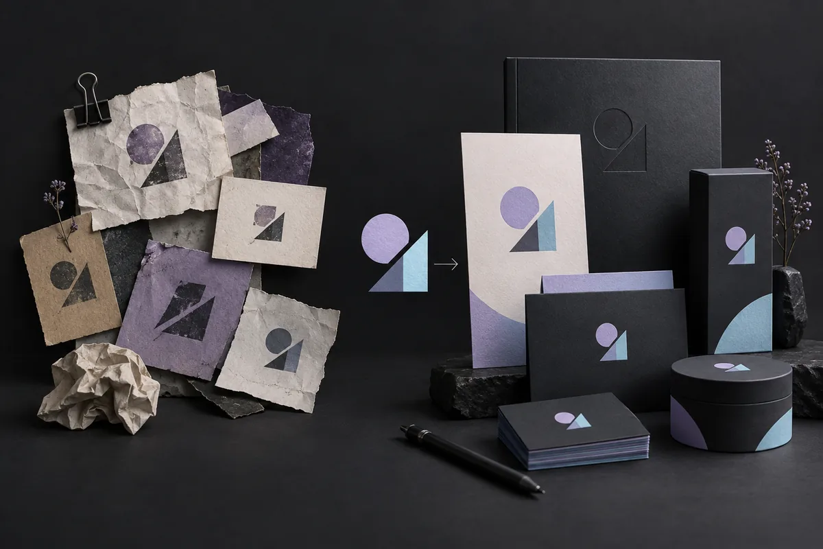 Mismatched stationery beside a coordinated identity with a shared geometric emblem.