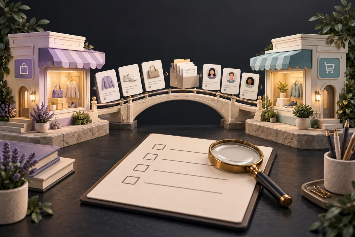 Product and customer cards moving between two storefront models across a bridge, with a magnifying glass and checklist.